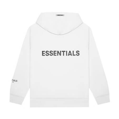 Back view of Essentials Fear of God Full Zip Up Hoodie in white, showcasing minimalist design and bold branding for a clean, modern streetwear look.