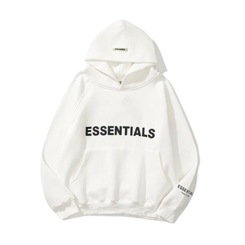 Essentials Hoodie in white, featuring a clean, minimalist design and soft fabric, perfect for a comfortable and stylish casual streetwear look.