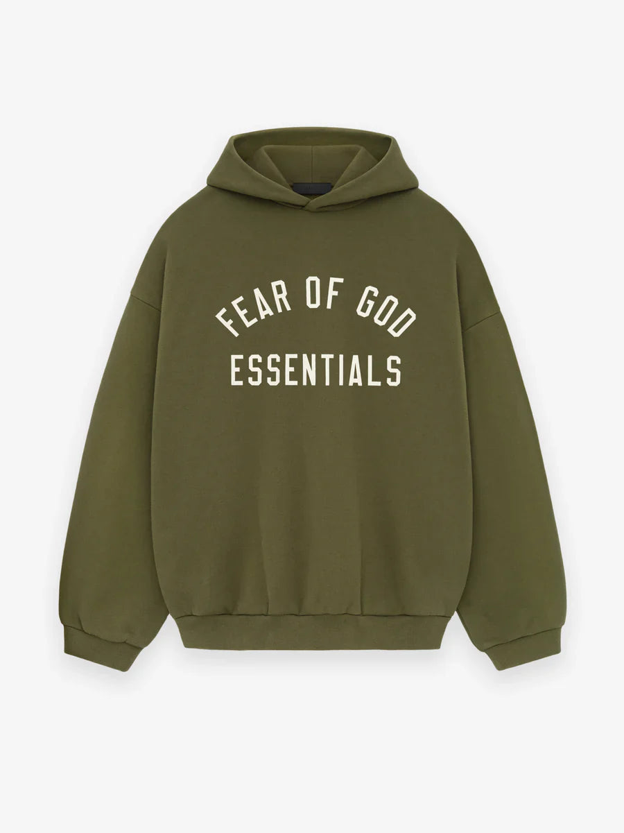 Essentials Fear of God Fleece Hoodie in green, offering a soft, comfortable fleece material with premium design and bold branding for a stylish streetwear look.