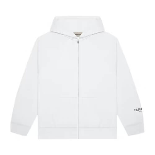 Essentials Fear of God Full Zip Up Hoodie in white, featuring premium fabric, a sleek zip-up design, and bold branding for a modern, stylish streetwear look.