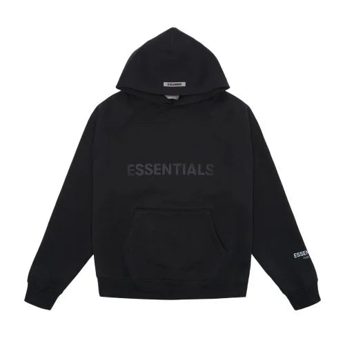 Essentials Oversize Black Hoodie, featuring a relaxed fit, minimalist design, and premium fabric for a trendy and comfortable streetwear style.