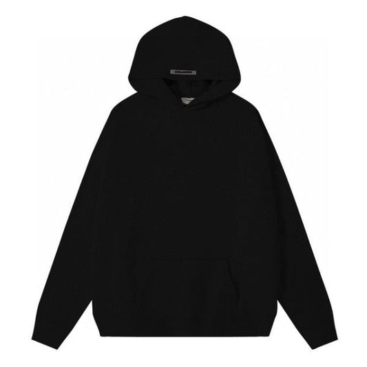 Front Fear of God Essentials Classic Fleece Reflective Black Hoodie, crafted with premium fleece fabric, reflective accents, and a relaxed fit for a sleek and stylish streetwear look.