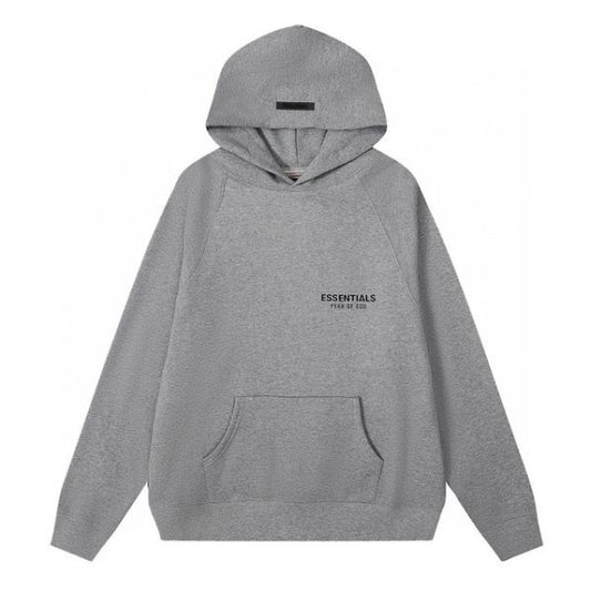 Front view fear of God Essentials Hoodie in light gray, featuring a minimalist design, soft fabric, and relaxed fit for a stylish and comfortable streetwear aesthetic.