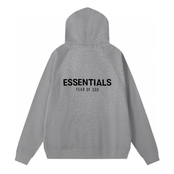 Fear of God Essentials Hoodie in light gray, featuring a minimalist design, soft fabric, and relaxed fit for a stylish and comfortable streetwear aesthetic.