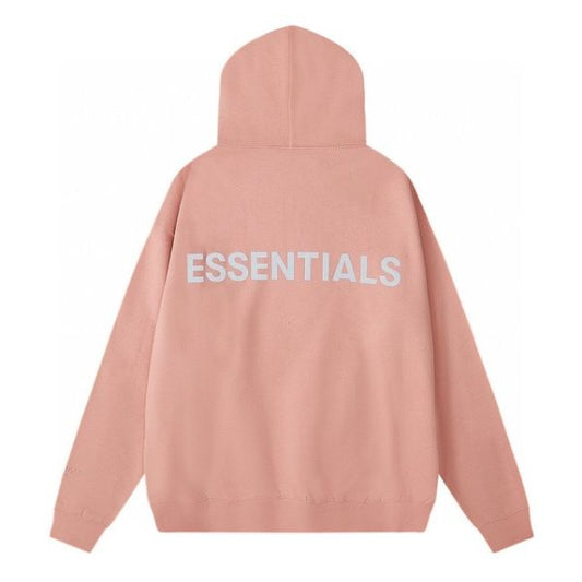 Back View of Fear of God Essentials Classic Fleece Reflective Pink Hoodie, featuring soft fleece fabric, reflective detailing, and a relaxed fit for a stylish and cozy streetwear look.